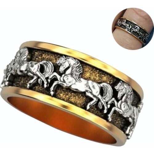 New Galloping Horse Ring Mens Jewelry Punk Mustang Wedding Band Ring Hip-hop Mens Stainless Steel Horse Ring Size 7-12