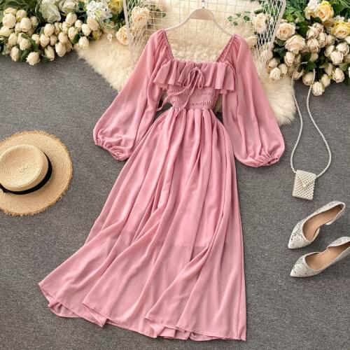Autumn Women Puff Sleeve Square Collar Bandage Strap Pleated Chiffon Ruffles Dress Lady Elastic Slim Waist Party Chic Midi Dress