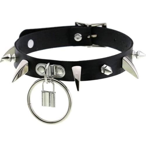 Black Red Faux Leather Necklace Women Punk Goth Jewelry Spike Rivet Chokers Geometric Lock Round Pendants Necklaces Collares