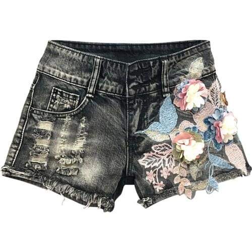 Summer Fashion Women Low Waisted Ripped Hole Sequins Flower Embroidery Grey Denim Shorts , Korea Womens Lady Tassel Jean Shorts