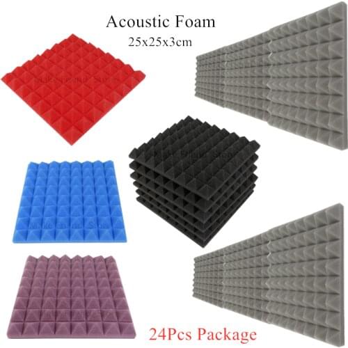 24Pcs 250x250x30mm Studio Acoustic Soundproof Foam Pyramid Sound Absorption Treatment Panel Tile Protective Sponge KTV Drun Room