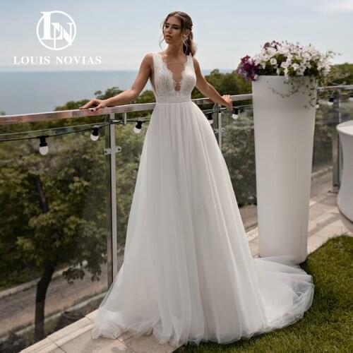 LOUIS NOVIAS A-Line Wedding Dress 2021 Graceful Backless Lace V-Neck Sleeveless Draped Tulle Light Bridal Gown