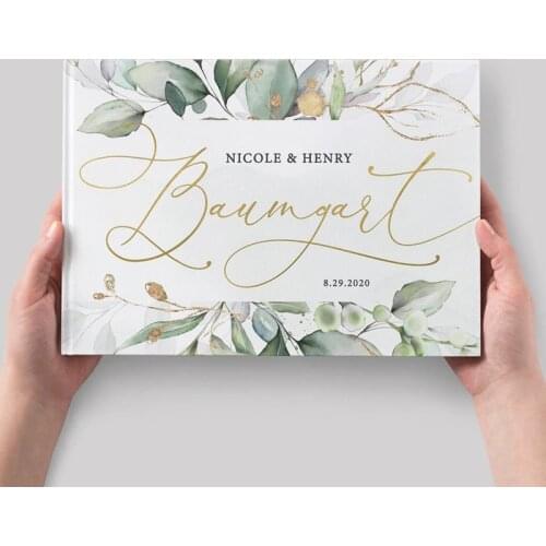 Greenery Gold Wedding Guestbook, Eucalyptus Foliage Wedding Guest Book, Personalized Polaroid Photo Wedding Guestbook