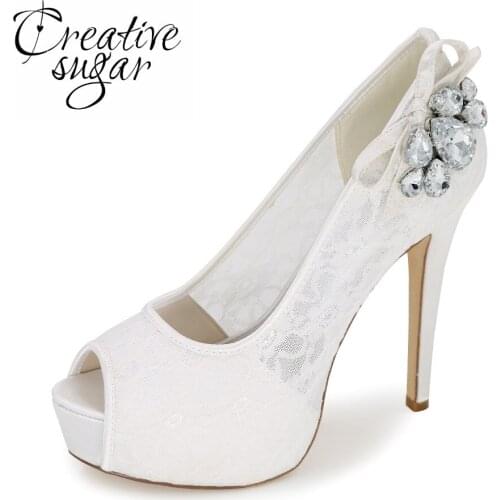 Creativesugar Woman open toe platform high heels see through lace evening dress shoes crystals bridal wedding prom pumps 6 color