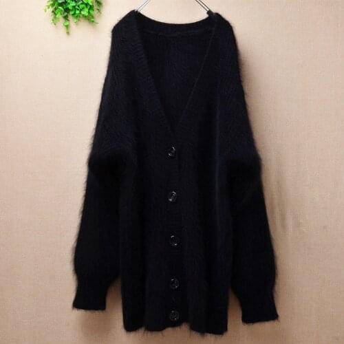 Ladies women thick warm fashion balck winter mink cashmere deep v-neck cardigans button angora rabbit fur knitted jacket coat