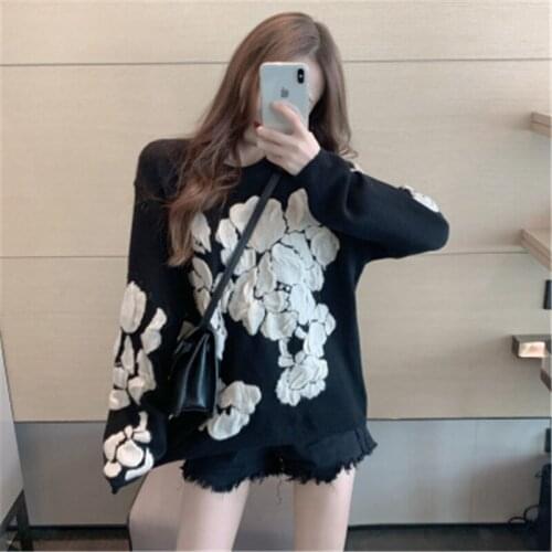 Retro Jacquard Black Sweater Women Autumn Fashion New Casual Loose 3D White Knit Flower Pullovers For Female Elegance Sweaters