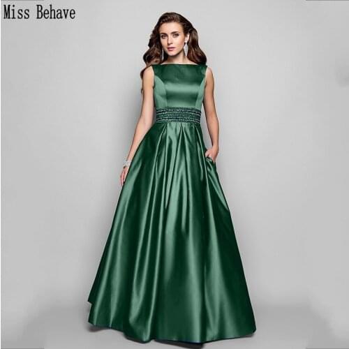 DD JYOY Satin Boat Neck A Line Prom Dress Long 2020 with Pockets Beads Royal Blue Satin Evening Dress Party Gown Zipper Back
