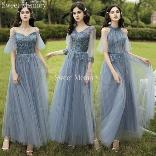 2021 Floor-Length Embroidery Tulle Long Bridesmaid Dresses Graduation Vestidos Sweet Memory Women Lace Up Wedding Party Dress