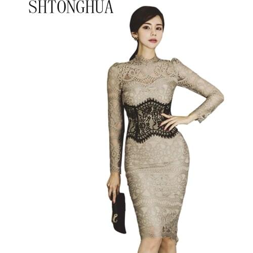 SHTONGHUA New Fashion Spring Women Party Dress 2019 Designer Hollow Out Lace Long Sleeve Bodycon Female Split Pencil Dress