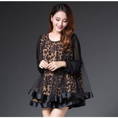 2021 NEW womens sexy top blouses girls autumn spring fashion Leopard print chiffon shirts sleeve black Plus size M-4 XL #H667