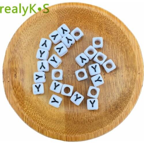 500 1000 2600pcs 6*6MM Square Alphabet Acrylic Beads Big Hole Black Single Initial Y Printed White Letter Beads