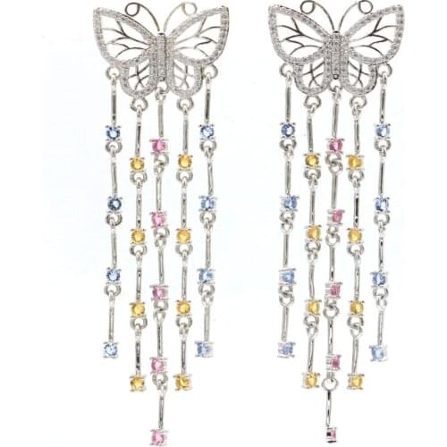 42x16mm Gorgeous Big Butterfly Created Golden Citrine Natural White Zircon Gift For Sister Silver Earrings