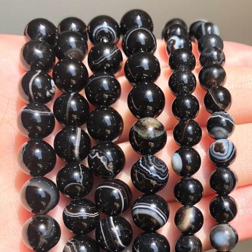 Black Agates Carnelian Beads Natural Stone Smooth Stripe Round Loose Beads for Jewelry Making DIY Bracelets Necklaces Handmade