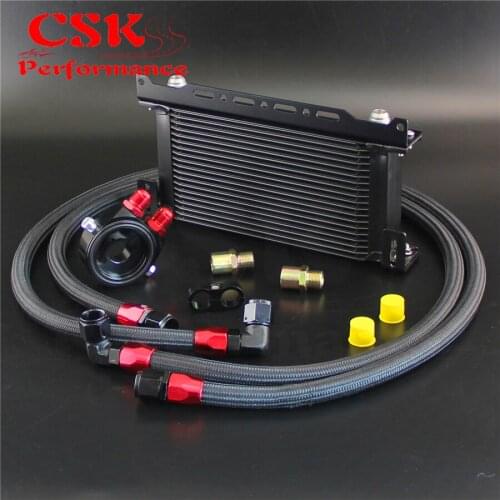 Black 19 Row Oil cooler w/ Bracket + Filter Adapter Hose Kit For Japan Car