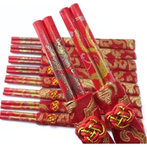 500 Pairs Wooden Retro Classic Chinese Double Happiness Chopsticks Dragon&Phoenix Printed Wedding Bouquet Souvenirs Gift ZA1343