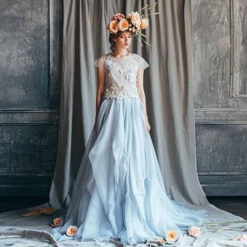 Romantic Blue Grey Bridal Long Skirt Custom Made Fashion Ruffles Bohemian Bridal Skirt Wedding Gowns High Waist Prom Party Gown