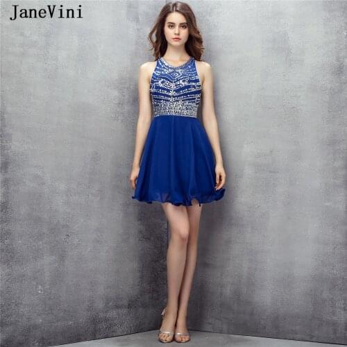 JaneVini Shiny Crystals Short Homecoming Dresses A Line 2019 Luxury Beading Sleeveless Chiffon Mini Royal Blue Formal Prom Gowns