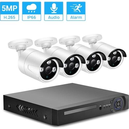 Hamrolte 4CH H.265 5MP POE NVR Kit CCTV Security System Waterproof Outdoor POE Camera Audio Record Xmeye Cloud Face Detection