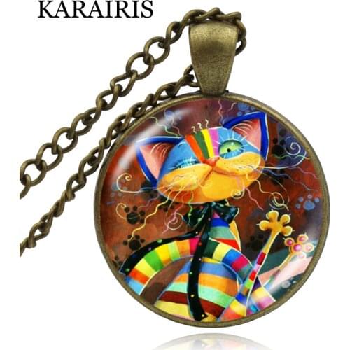 KARAIRIS New Design Colorful Cats Family Necklace Handmade Jewelry for Animal Lover Art Glass Dome Pendant Necklace For Girls
