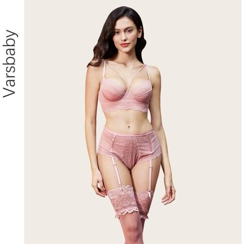 Varsbaby unlined Y-lined beauty back lingerie set floral lace bra+panties+garters 3 pcs breathable bra set