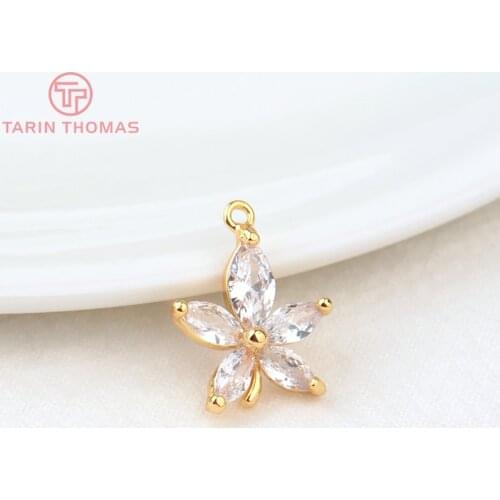 4PCS 13x18MM Hole 1.5MM 24K Gold Color Brass with Zircon Flower Charms Pendants High Quality Diy Jewelry Findings Accessories