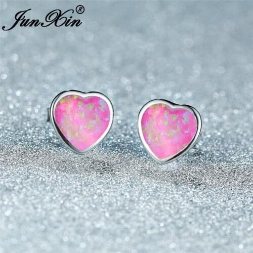 Cute Heart Stud Earrings For Women Pink Fire Opal Earring White Gold Filled Wedding Ear Studs Rainbow Birthstone Jewelry