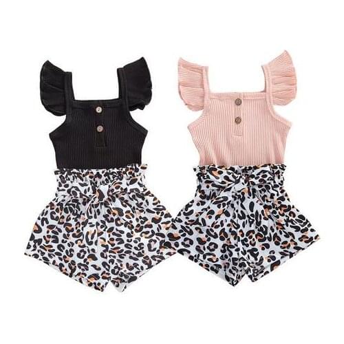 0-24M Sweet Summer Baby Girls Clothes Set Girls Solid Ribbed Knitted Button Romper+ High Waist Belt Leopard Print Shorts