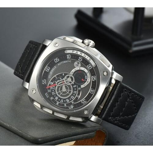 47.5mm Parnis Sapphire Mens Automatic Watch Japan Miyota 8219 Black Face Leather Band Date Pull/Push Crown Square New Arrival
