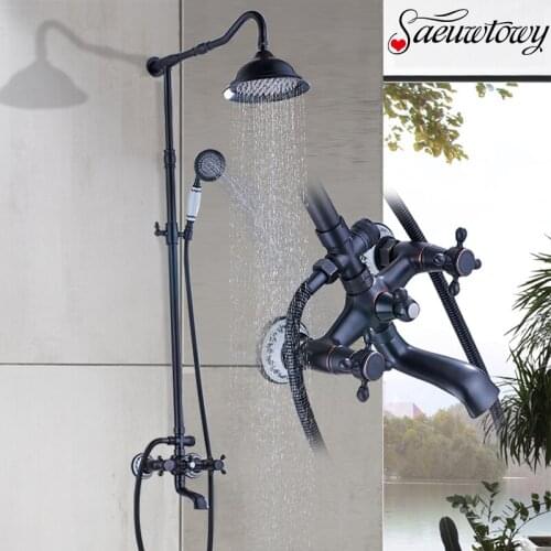 Oil Rubbed Bronze Shower Faucet Wall 8" Brass Rain Shower Faucet Set Rotatble Spout Faucet Bathtub Faucet Ceramic Handle
