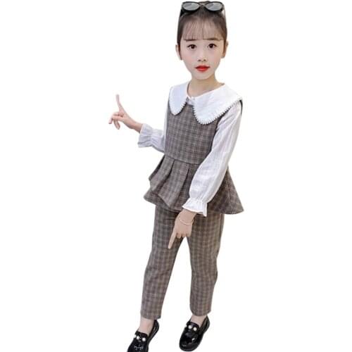 Girls Clothing Plaid Pattern Girl Clothes Vest + Blouse + Pants Teenage Clothes For Girls Autumn Kid Clothes 6 8 10 12 14