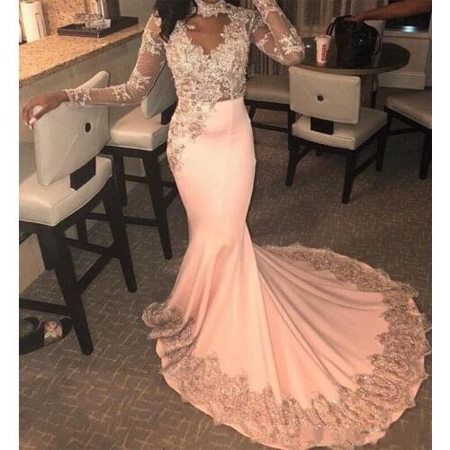 2020 Charming African Peach Mermaid Prom Dresses Sexy Sheer Lace Appliques Evening Gowns Sweep Train Cheap Formal Party Dress