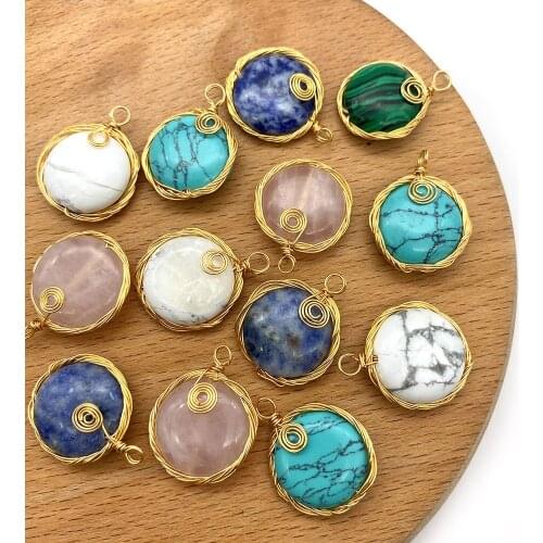 2pcs/pack Natural Semi-precious Stone Jewelry Pendants Manual Winding Charms DIY for Making Necklace Flat Round 18x24mm Size