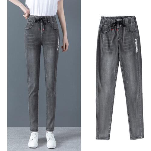 Super Elastic Drawstring Harem Jeans Women Plus Size 6XL Mom Denim Pants Spring Autumn High Waist Trousers Retro Stretch Trouser