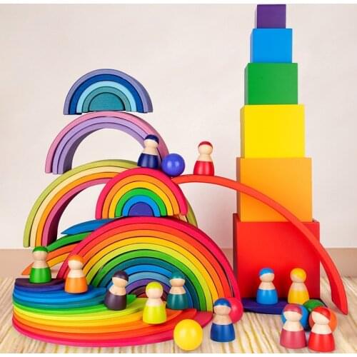 ToysParadise Large Rainbow Blocks/Semicircle Building Blocks Rectangular Board Pegdolls Geometric Wooden Toys For Kids Education