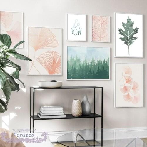 Green Pine Forest Maple Leaf Poster Pink Ginkgo Leaves Canvas Painting Nordic Wall Art Pictures for Living Room Decor