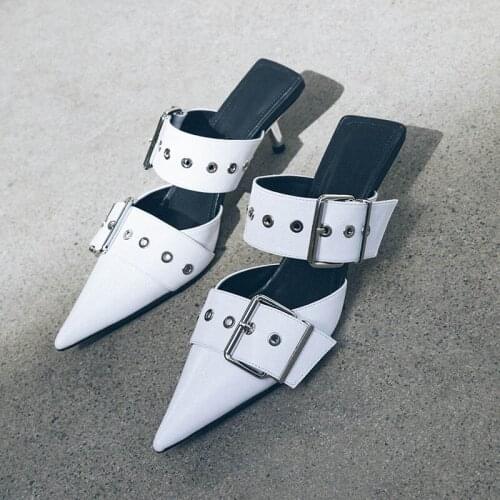 2021 New Real leather women latest fashion mules heel pointed toe buckle strap slides summer retro dress pumps white black