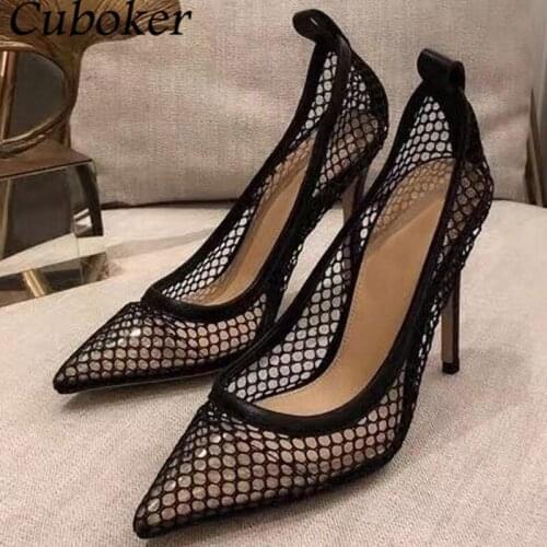 Brand Runway Black Sexy Women Pumps Pointed Toe Air Mesh Thin High Heel Slip On Mules Female Gladiator Sandals Dress Shoes Women
