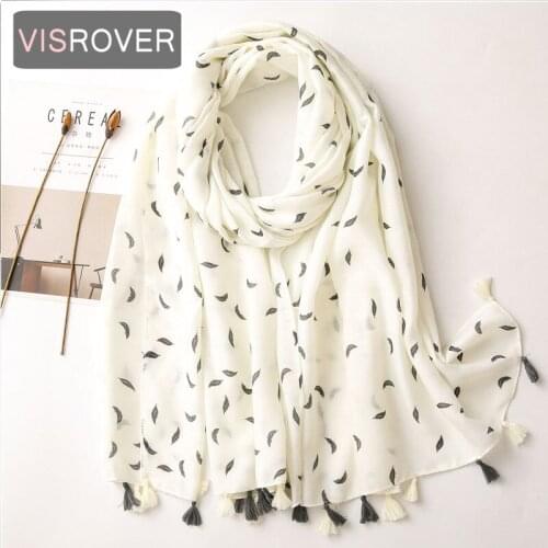 VISROVER 2020 New White Feather Print Viscose Autumn Women Scarf Tassel Fashion Winter White Scarf Shawls Hijab Gift Wholesales
