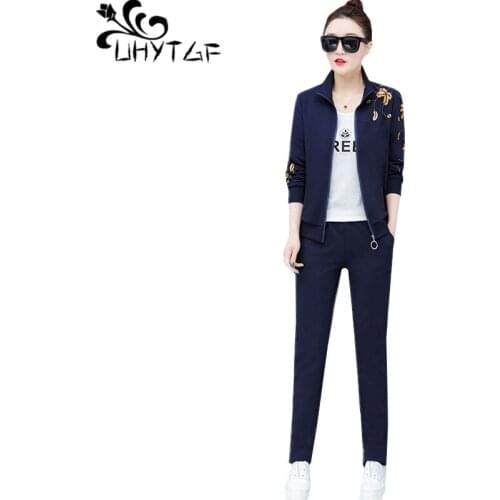 UHYTGF Womens sports suit Fashion embroidered spring autumn 2 piece set women casual tracksuit elegant female set Plus size 406