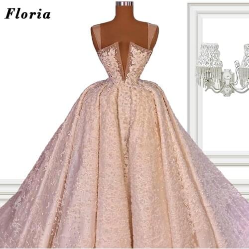 Luxury Straps Long Wedding Dresses 2021 Pearls Beading Bride Dress Saudi Arabia Floor Length Women Bridal Gowns For Dubai Arabic