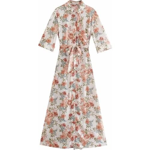 New Women Vogue With Sashes Floral Printed Single Breasted Midi Shirt Dress Lapel Neck Short Sleeves Vintage Female Dresses