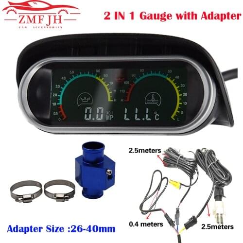 2 In 1 LCD Car Digital Oil Pressure + Water Temp meter with Adapter 1/8 NPT Oil Pressure sensor + Water Temperature sensor 10mm