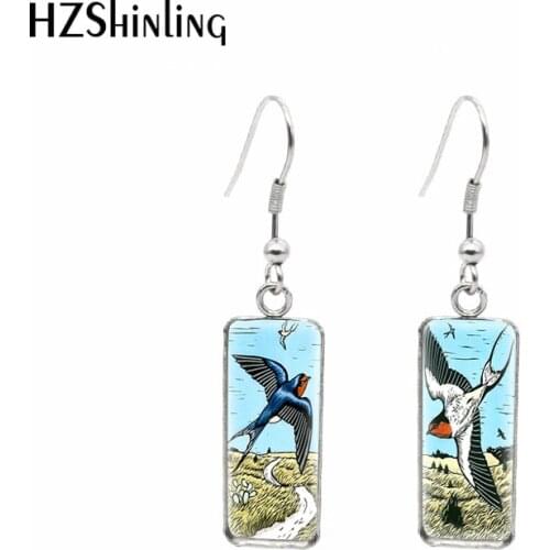 2021 New Swallow Rectangular Earring Birds Art Painting Fish Hook Earrings Glass Cabochon Handmade Jewelry