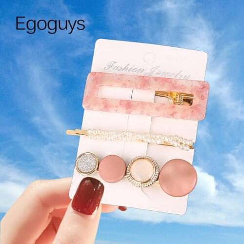 3PCS Girls Pearl Jewelry Hair Clip Marble Metal Hairpin Women Acetate Geometric Barrettes Acrylic Tin Foil Sequins Hair Headwear