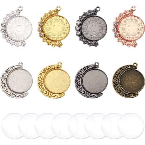 32Pcs Rhinestone Bezel Pendants Tray Flat Round Double Bases Settings with 64pcs Glass Cabochons for DIY Resin Jewelry Craft