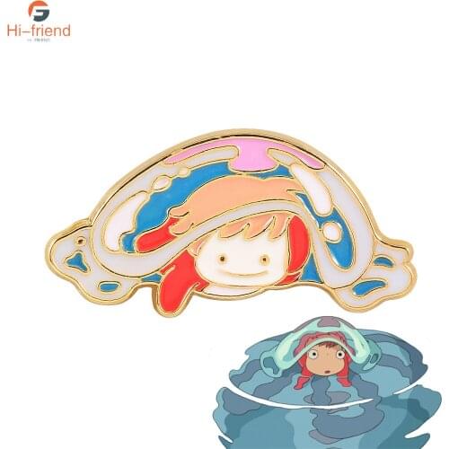 Anime Ponyo Kawaii Brooch Goldfish Princess Enamel Enamel Metal Brooch for Women Men Bag Hat Clothing Cufflinks Decorative Pin
