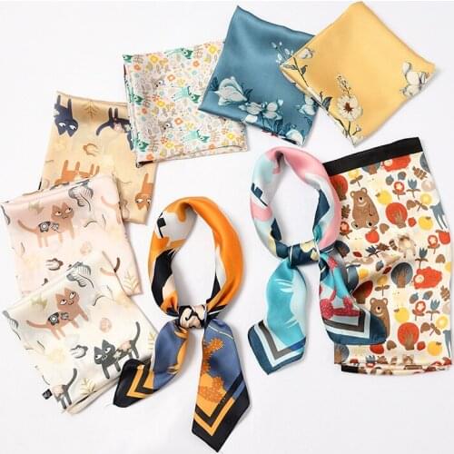 Cartoon Bandana Square Scarf for Ladies Fashion Multifunction Silk-like Hair Handkerchief Womens Bag Bandage Scarf 70cm FJ122