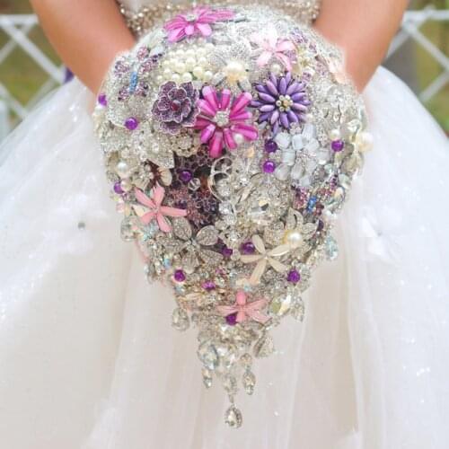 Silver & purple brooch bouquet high-end custom wedding bridal bouquets crystal diamond teardrop style Bride 's Bouquet decor