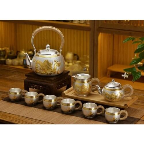 Silver pot 999 sterling silver handmade tea set Japanese retro teapot kettle home tea ceremony Kungfu tea set 1000ml