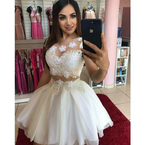 Elegant 2 Pieces Short A-Line Lace Homecoming Dresses Tulle Knee Length Zipper Back Graduation Dresses for Juniors